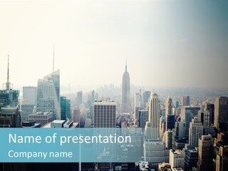 A City Skyline With Skyscrapers And A Blue Banner PowerPoint Template