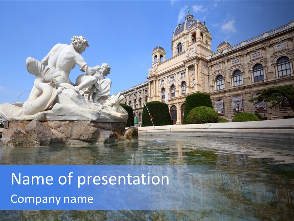 A Fountain With A Statue In Front Of A Building PowerPoint Template