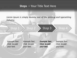 A Woman Sitting In A Car With Her Hand On The Steering Wheel PowerPoint Template