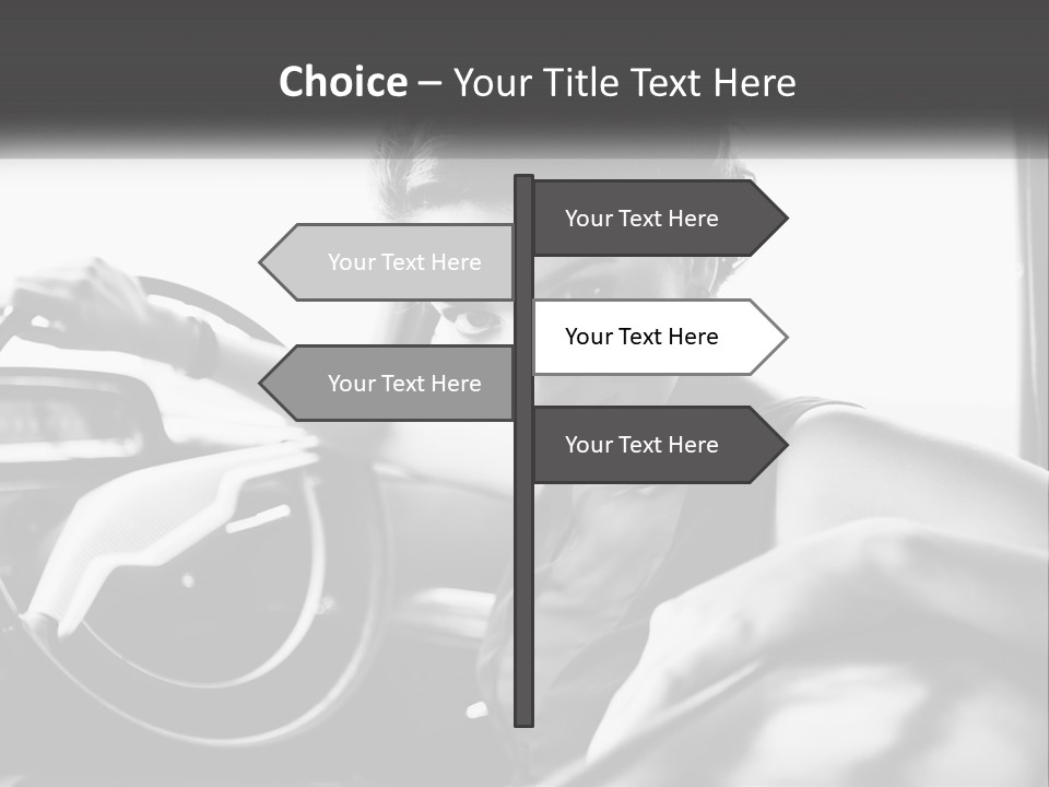 A Woman Sitting In A Car With Her Hand On The Steering Wheel PowerPoint Template