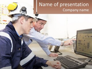 Two Men In Hardhats Looking At A Computer Screen PowerPoint Template