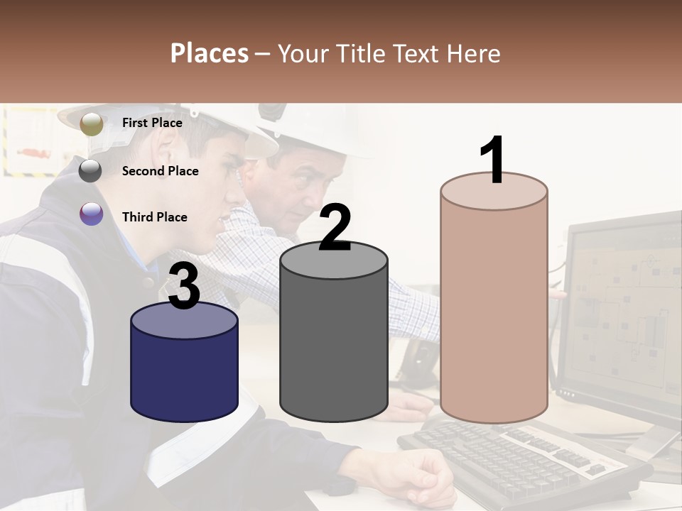 Two Men In Hardhats Looking At A Computer Screen PowerPoint Template