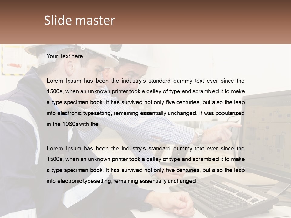 Two Men In Hardhats Looking At A Computer Screen PowerPoint Template