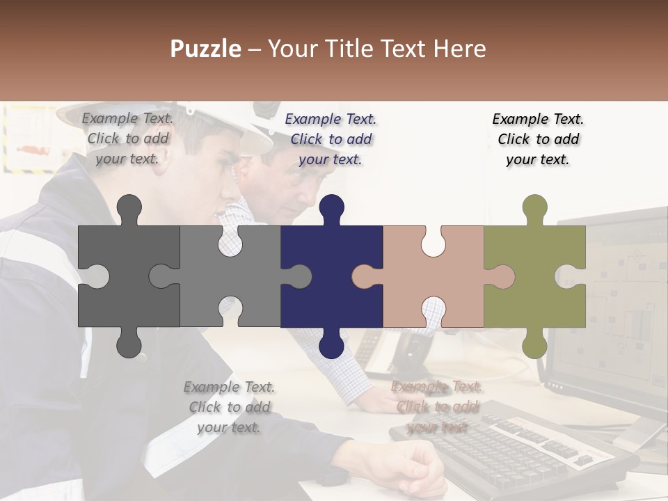 Two Men In Hardhats Looking At A Computer Screen PowerPoint Template
