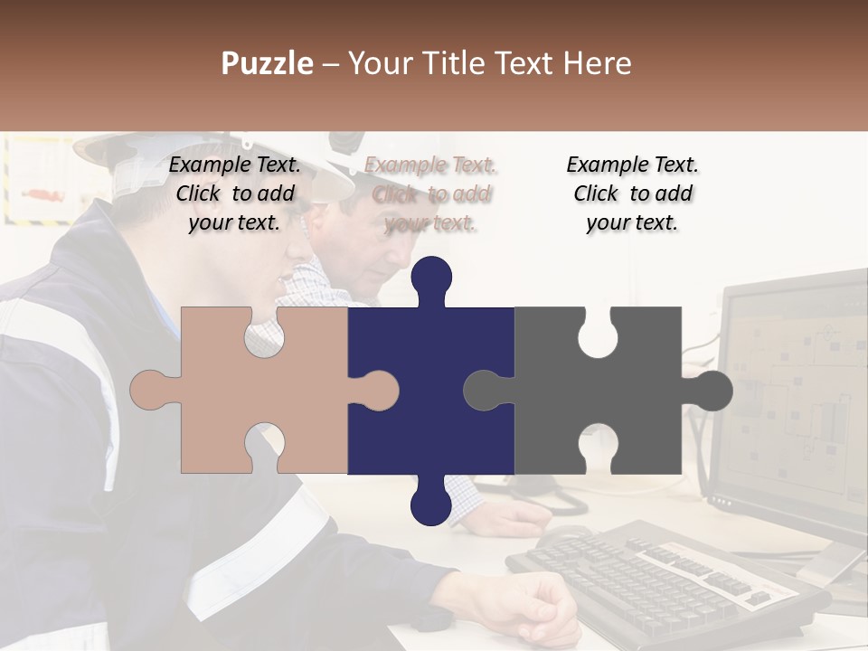 Two Men In Hardhats Looking At A Computer Screen PowerPoint Template