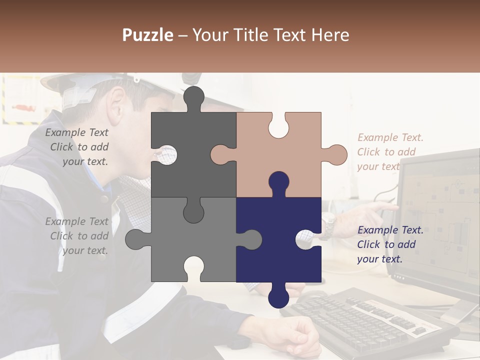 Two Men In Hardhats Looking At A Computer Screen PowerPoint Template
