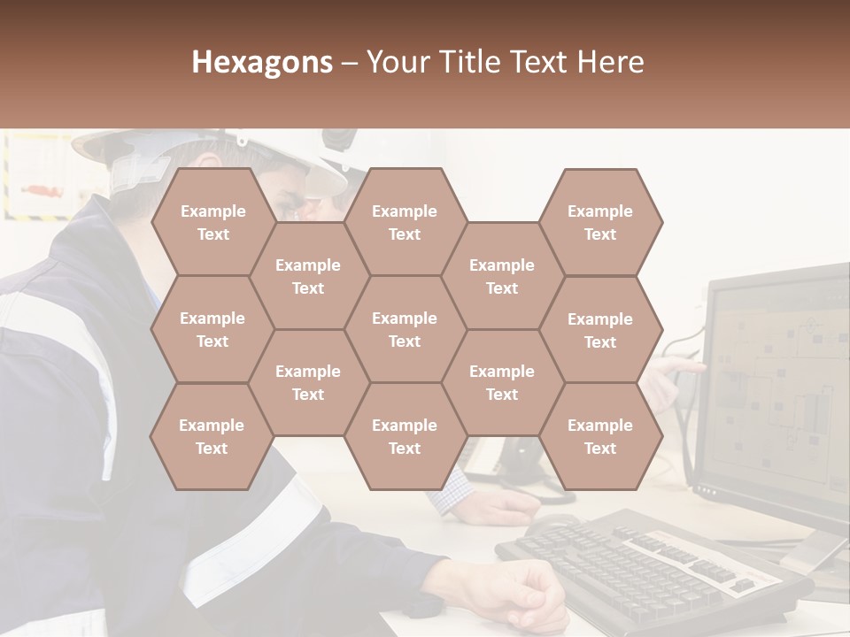 Two Men In Hardhats Looking At A Computer Screen PowerPoint Template