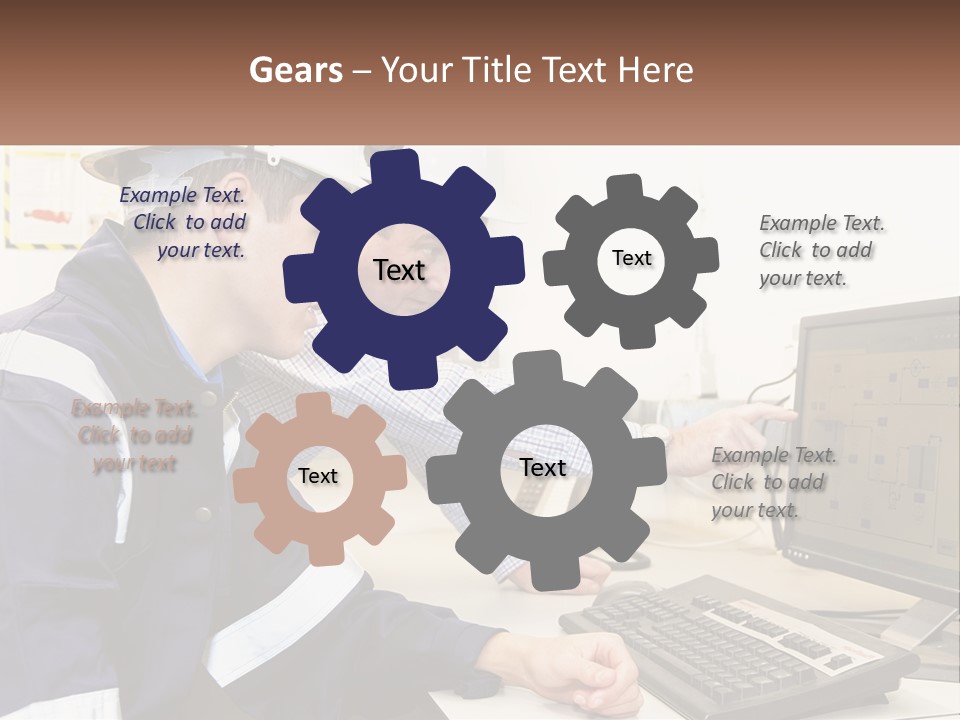 Two Men In Hardhats Looking At A Computer Screen PowerPoint Template