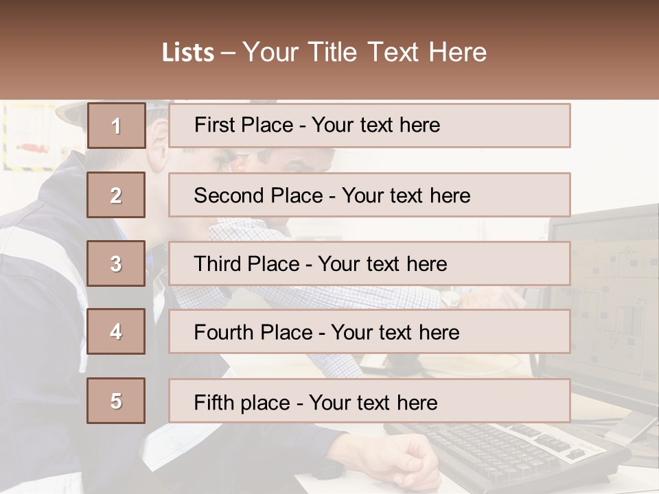 Two Men In Hardhats Looking At A Computer Screen PowerPoint Template
