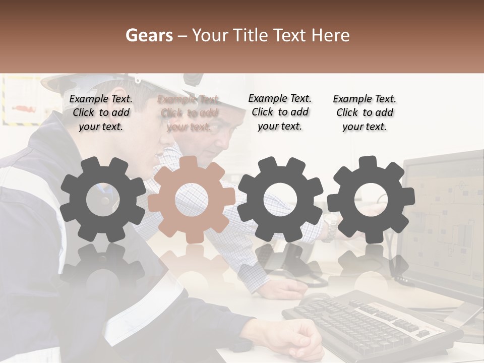 Two Men In Hardhats Looking At A Computer Screen PowerPoint Template