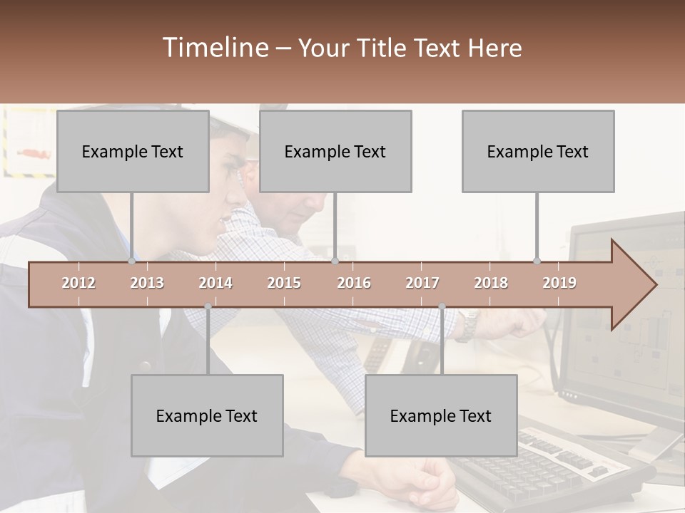 Two Men In Hardhats Looking At A Computer Screen PowerPoint Template