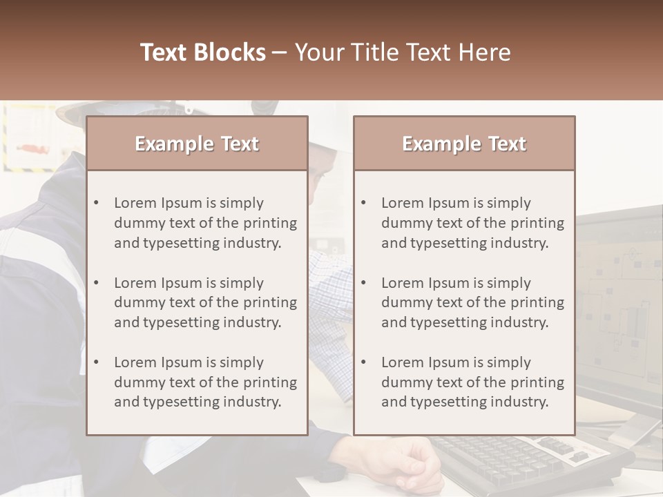Two Men In Hardhats Looking At A Computer Screen PowerPoint Template