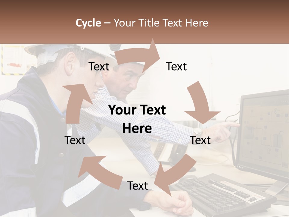 Two Men In Hardhats Looking At A Computer Screen PowerPoint Template