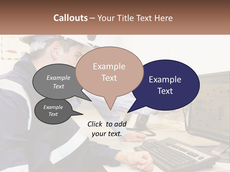 Two Men In Hardhats Looking At A Computer Screen PowerPoint Template
