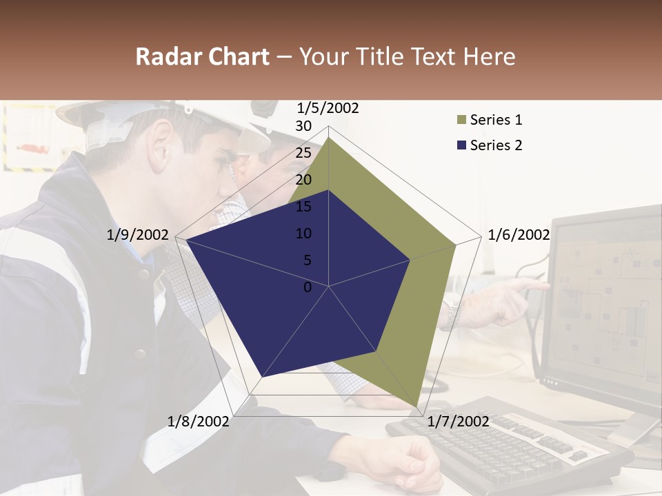 Two Men In Hardhats Looking At A Computer Screen PowerPoint Template