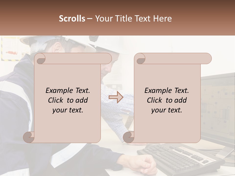 Two Men In Hardhats Looking At A Computer Screen PowerPoint Template