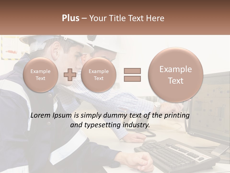 Two Men In Hardhats Looking At A Computer Screen PowerPoint Template