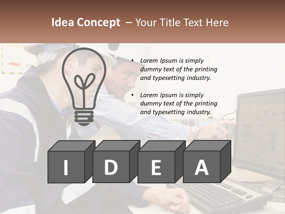 Two Men In Hardhats Looking At A Computer Screen PowerPoint Template