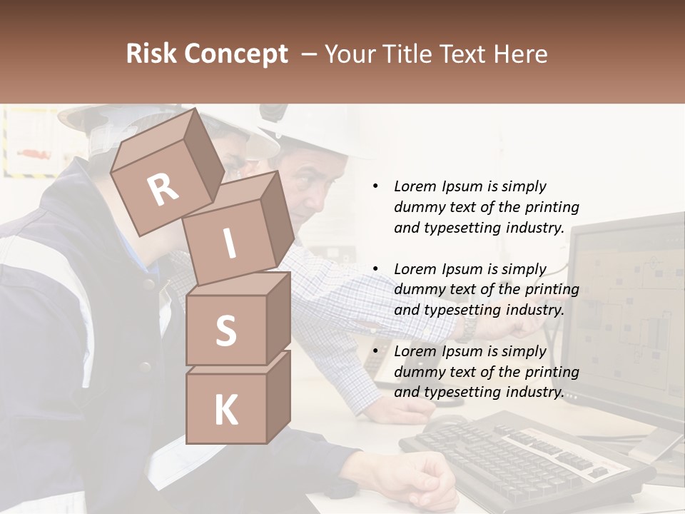 Two Men In Hardhats Looking At A Computer Screen PowerPoint Template