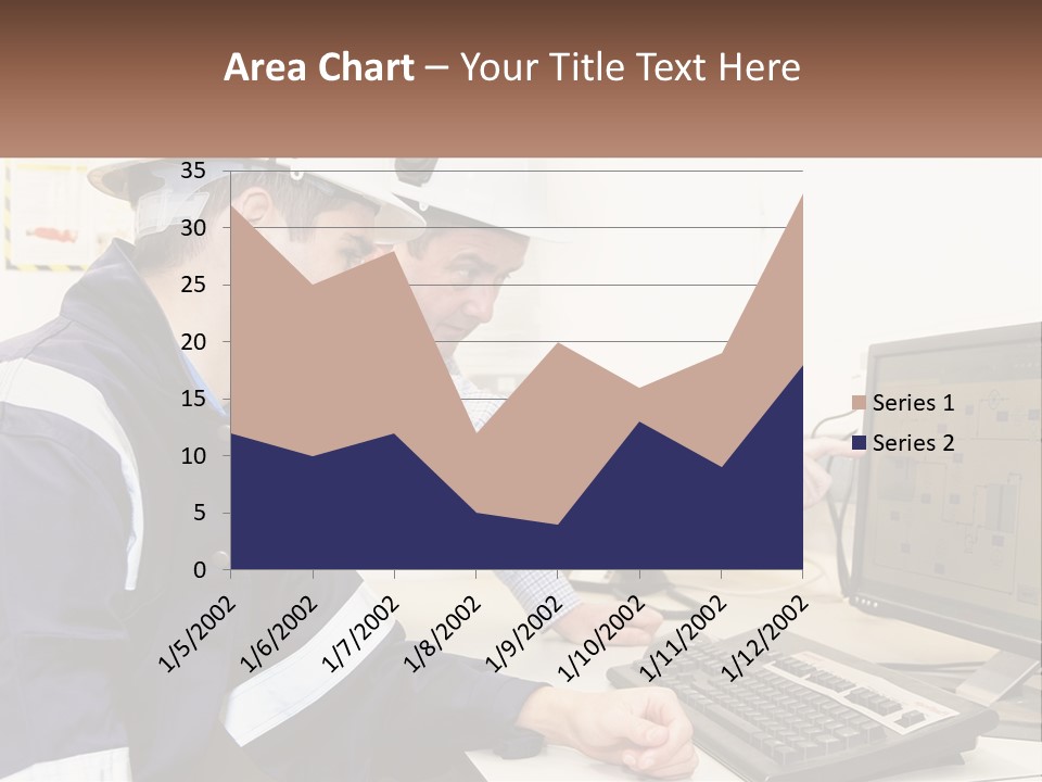 Two Men In Hardhats Looking At A Computer Screen PowerPoint Template