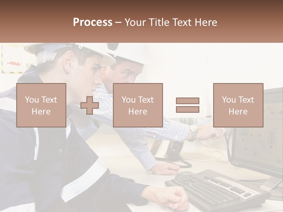 Two Men In Hardhats Looking At A Computer Screen PowerPoint Template