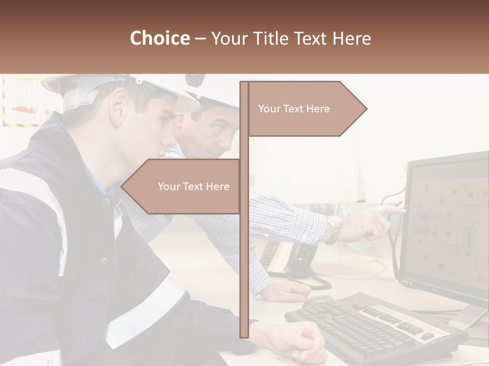 Two Men In Hardhats Looking At A Computer Screen PowerPoint Template