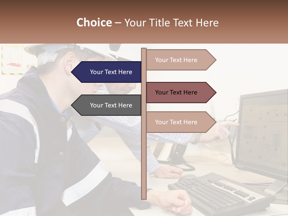 Two Men In Hardhats Looking At A Computer Screen PowerPoint Template