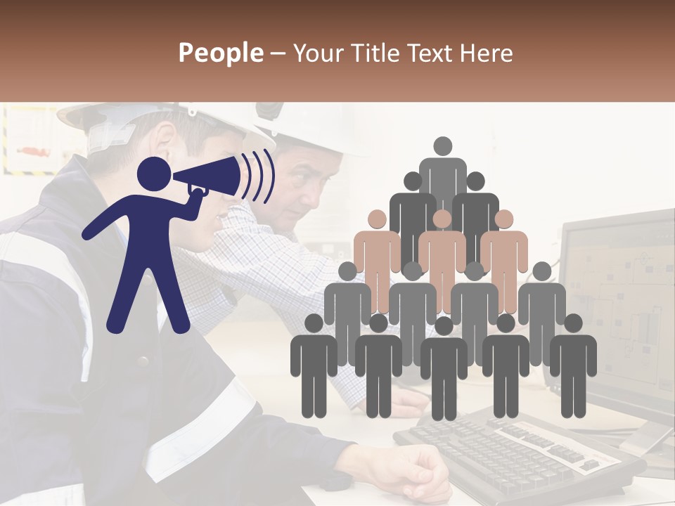 Two Men In Hardhats Looking At A Computer Screen PowerPoint Template