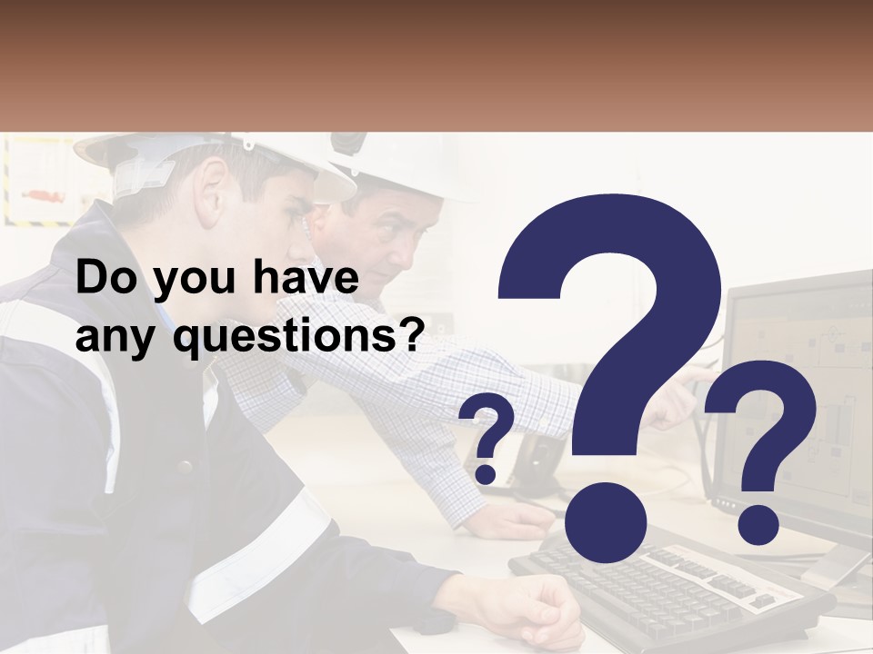 Two Men In Hardhats Looking At A Computer Screen PowerPoint Template