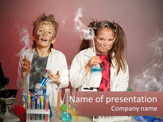 Two Children In Lab Coats Holding Beakles With Smoke Coming Out Of Them PowerPoint Template