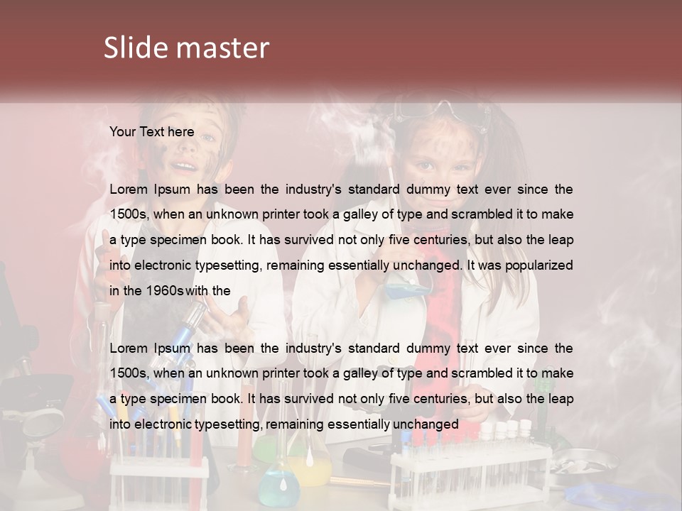 Two Children In Lab Coats Holding Beakles With Smoke Coming Out Of Them PowerPoint Template