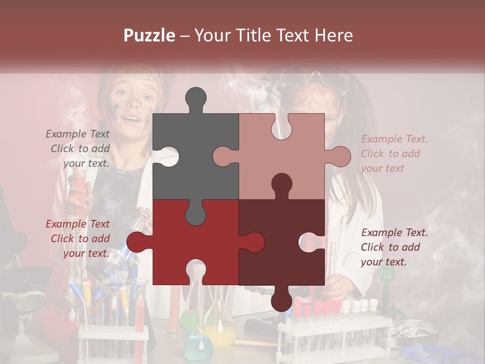 Two Children In Lab Coats Holding Beakles With Smoke Coming Out Of Them PowerPoint Template