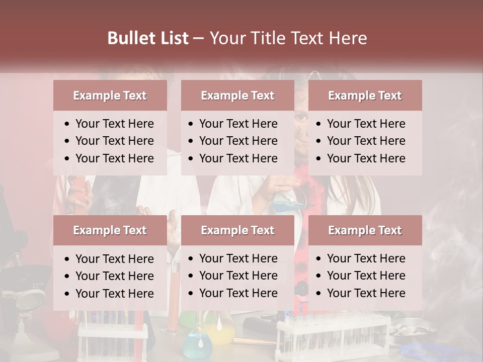 Two Children In Lab Coats Holding Beakles With Smoke Coming Out Of Them PowerPoint Template