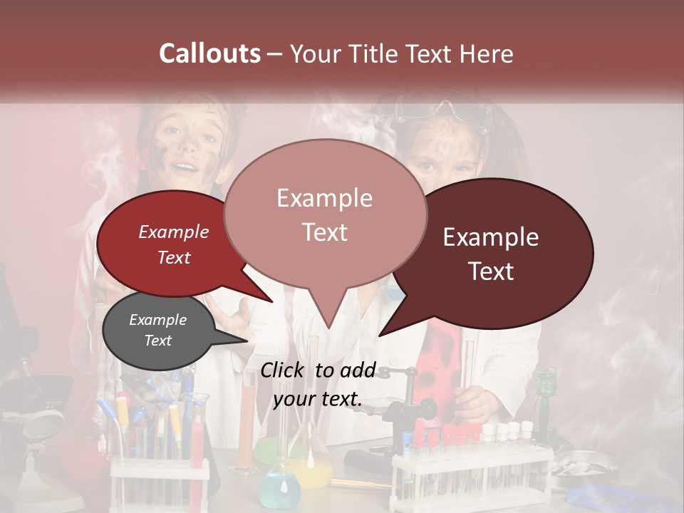 Two Children In Lab Coats Holding Beakles With Smoke Coming Out Of Them PowerPoint Template