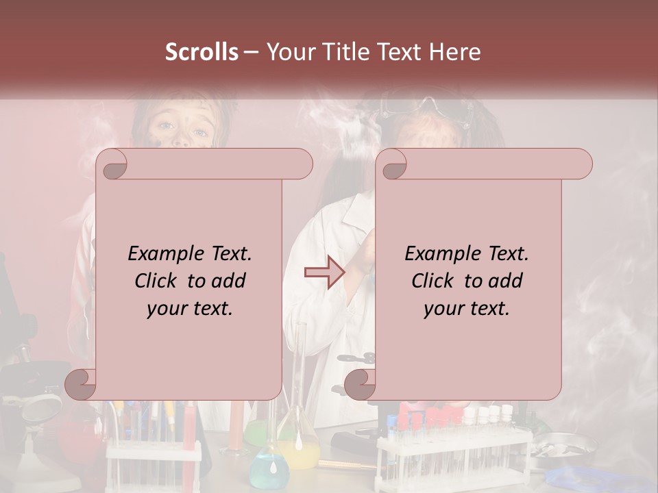 Two Children In Lab Coats Holding Beakles With Smoke Coming Out Of Them PowerPoint Template