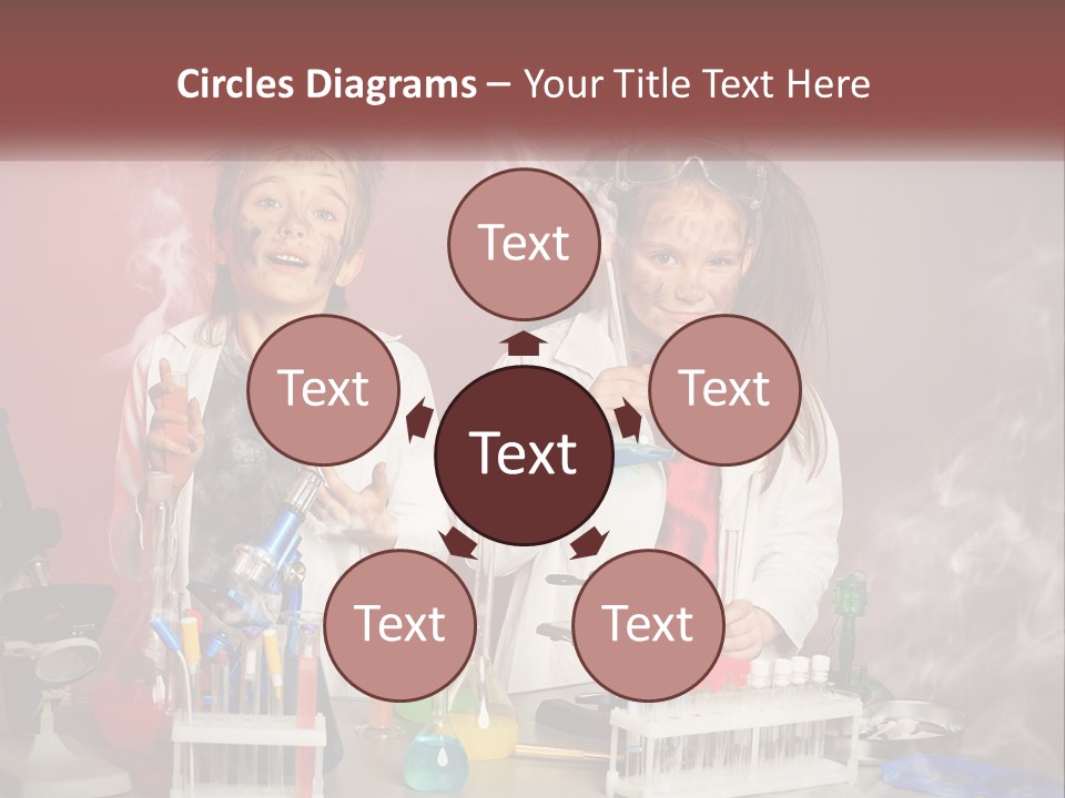 Two Children In Lab Coats Holding Beakles With Smoke Coming Out Of Them PowerPoint Template