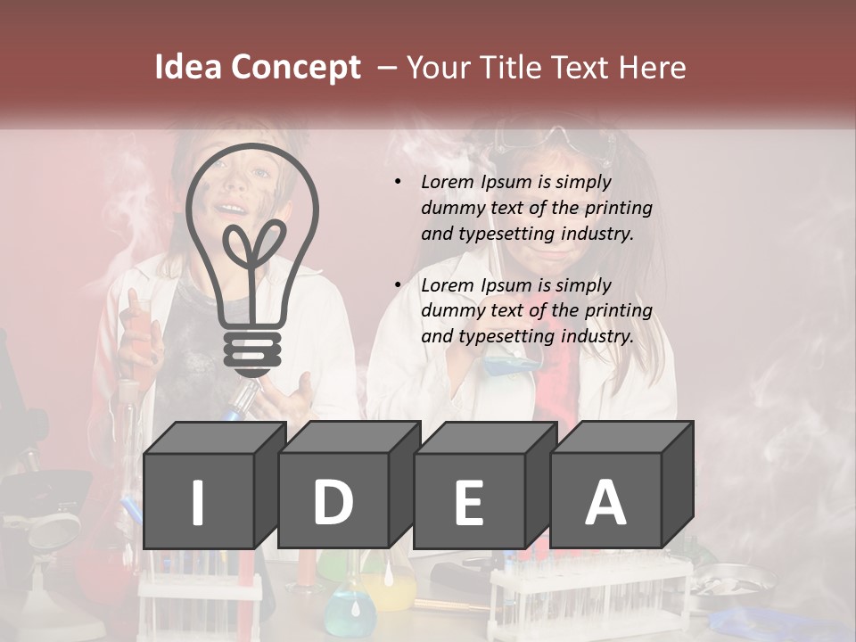 Two Children In Lab Coats Holding Beakles With Smoke Coming Out Of Them PowerPoint Template
