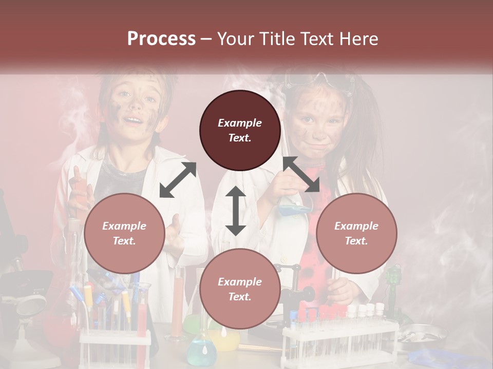 Two Children In Lab Coats Holding Beakles With Smoke Coming Out Of Them PowerPoint Template