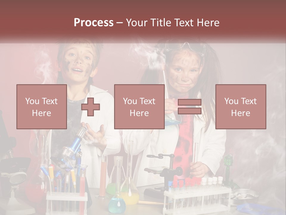 Two Children In Lab Coats Holding Beakles With Smoke Coming Out Of Them PowerPoint Template
