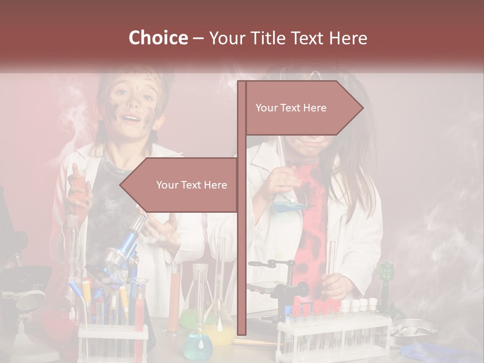 Two Children In Lab Coats Holding Beakles With Smoke Coming Out Of Them PowerPoint Template