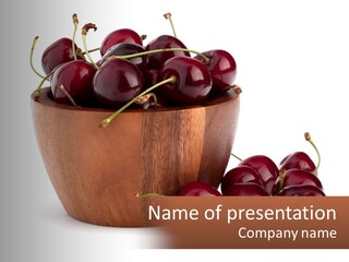 A Wooden Bowl Filled With Cherries On Top Of A Table PowerPoint Template