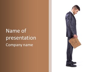 A Man In A Suit Is Holding A Box PowerPoint Template