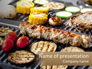 A Bbq With Grilled Meat And Vegetables On It PowerPoint Template