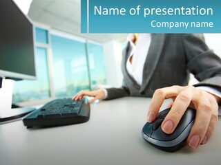 A Woman Using A Computer Mouse And Keyboard PowerPoint Template