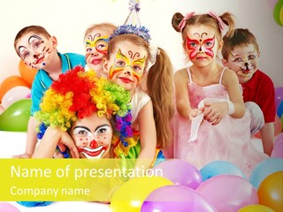 A Group Of Children With Clown Faces And Balloons PowerPoint Template