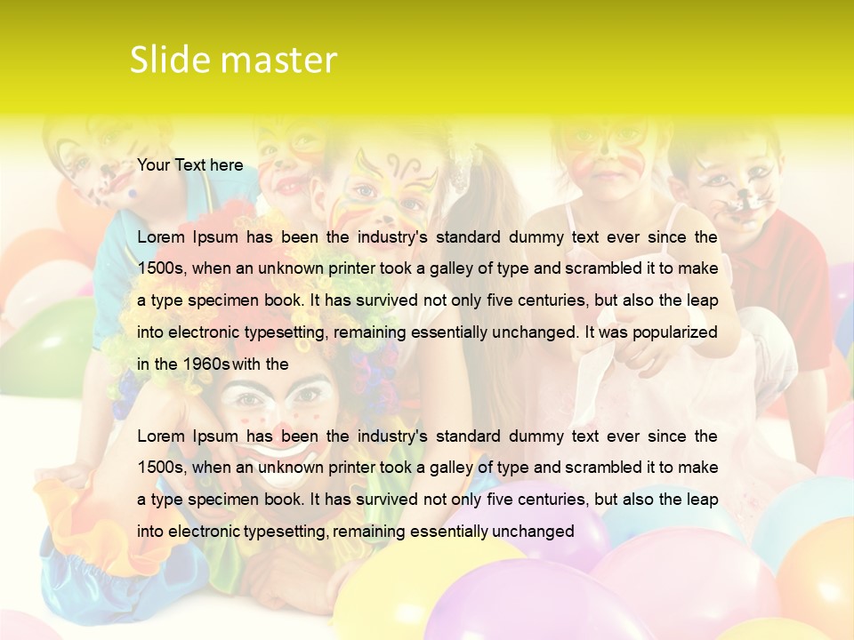 A Group Of Children With Clown Faces And Balloons PowerPoint Template