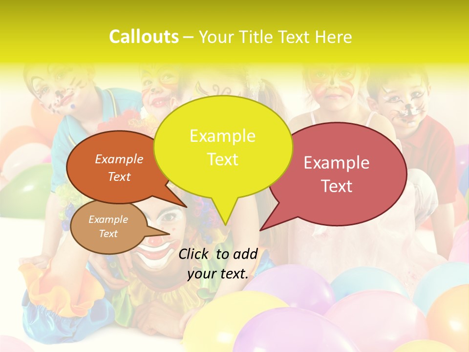 A Group Of Children With Clown Faces And Balloons PowerPoint Template