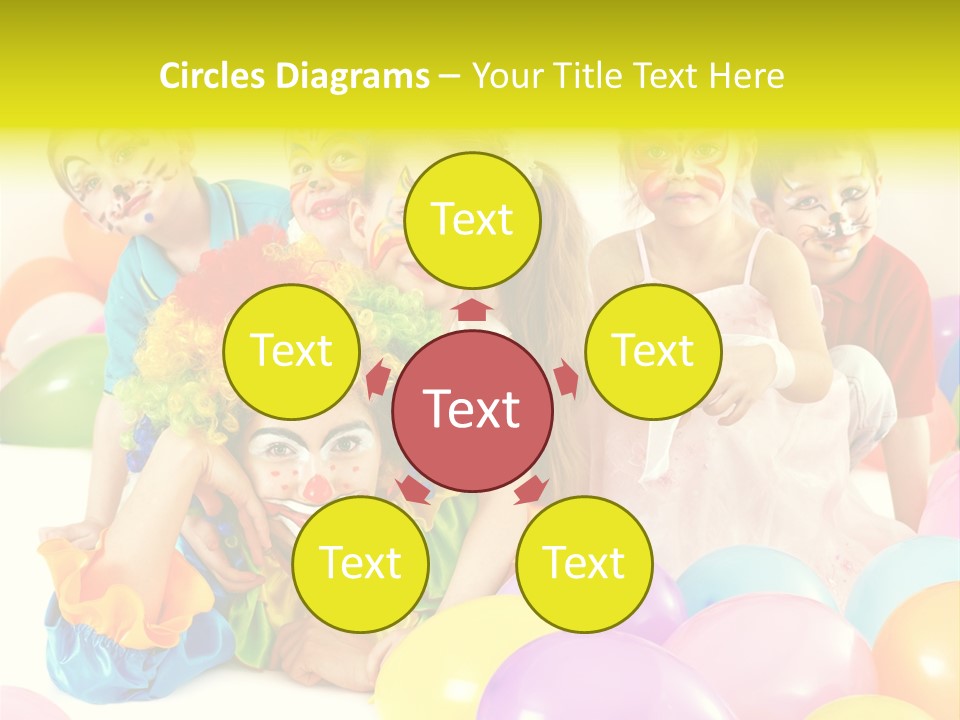 A Group Of Children With Clown Faces And Balloons PowerPoint Template