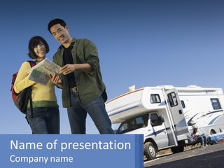 A Man And Woman Standing Next To A Camper PowerPoint Template