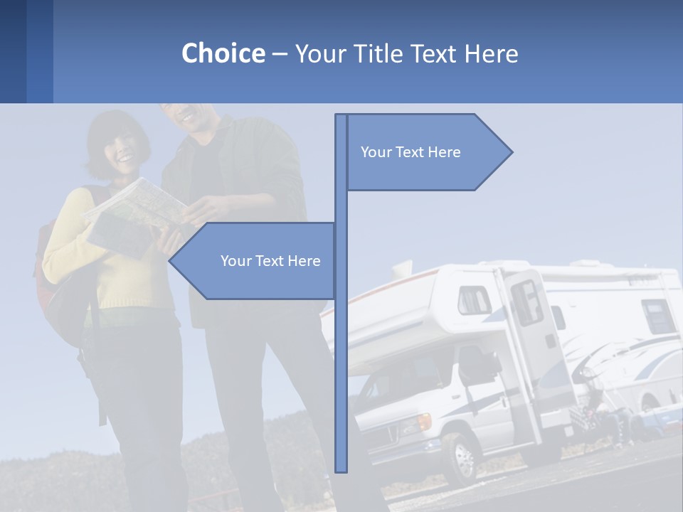 A Man And Woman Standing Next To A Camper PowerPoint Template